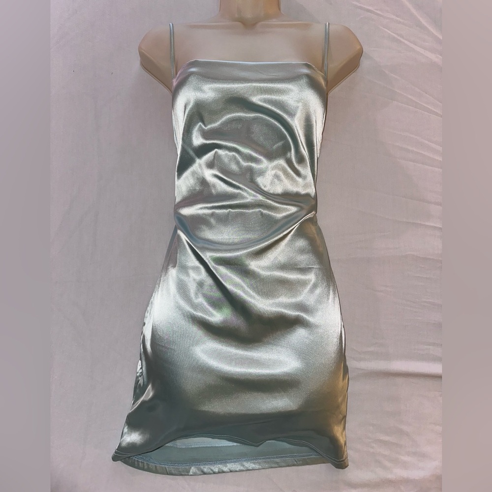FASHION NOVA: Take Me Higher Satin Mini Dress - Sage